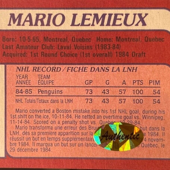 1985 Topps Mario Lemieux #9 Signed Autographed Rookie Authentic by IN THE ZONE - Picture 4 of 5